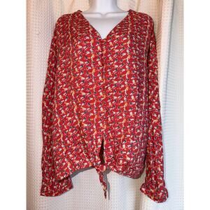 BeachLunchLounge Bird Print Blouse XL Red Tie Front Hi Lo Top